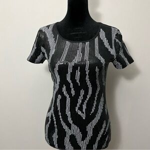 Vtg Y2K Michael By Michael Kors Sequined Top Short Sleeves Black Gray Zebra SML